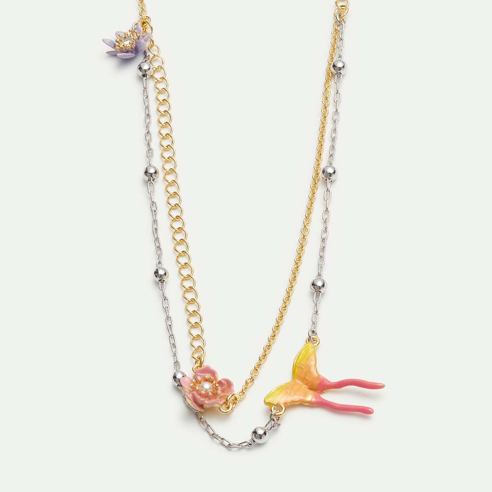 マグノリアと蝶々、ゴールドとプラチナ仕上げのダブルチェーン マグノリアと蝶々、ゴールドとプラチナ仕上げのダブルチェーン